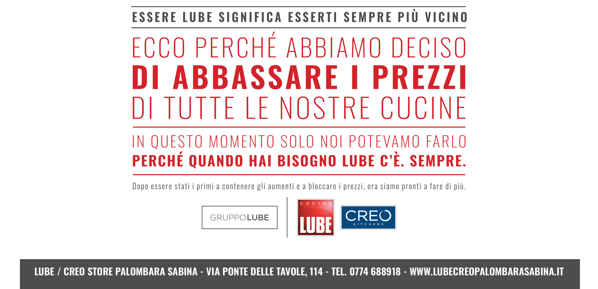 Abbiamo deciso di abbassare i prezzi! Approfitta della promozione Cucine LUBE e CREO Kitchens fino al 31 marzo! - LUBE CREO Palombara Sabina (Roma)